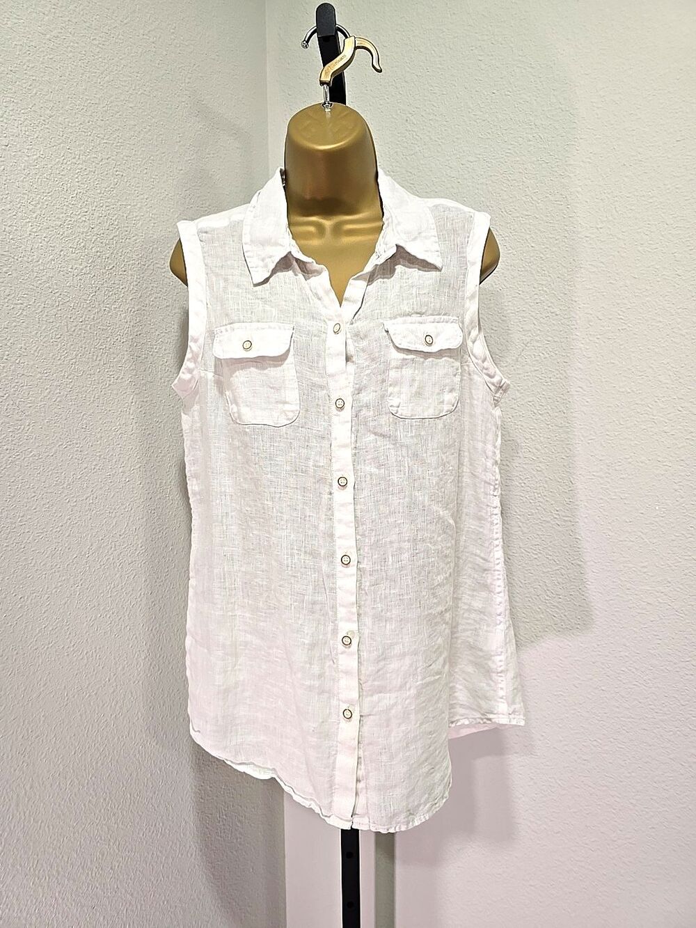 Orvis White Linen Button Up Top Womens Med Sleeveless Minimalist Coastal Cowgirl